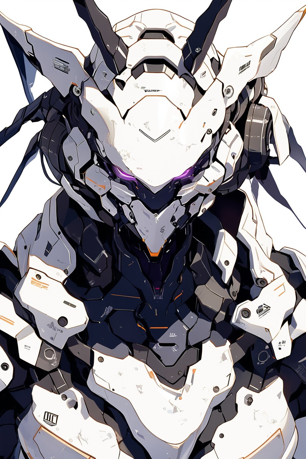 masterpiece, best quality, 
1girl, mechanical girl , solo,  upper body, looking at viewer, white background, science fiction, simple background, power armor, horns, redesign