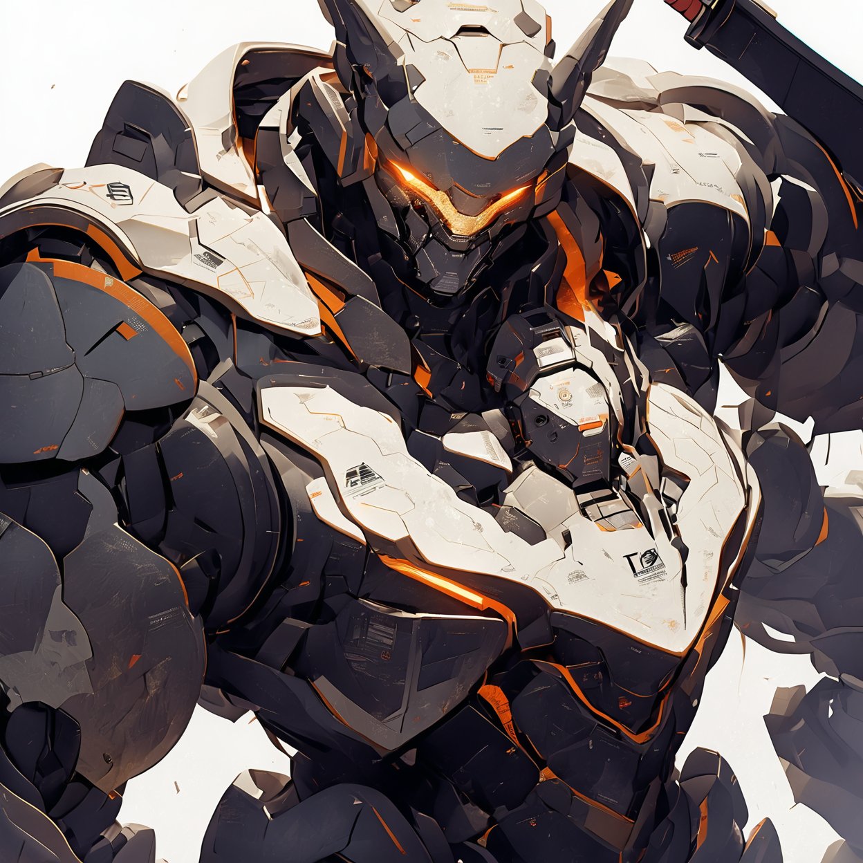 robot, armor, solo, 1boy, helmet, upper body, looking at viewer, white background, science fiction, glowing, orange eyes, no humans, simple background, katana, glowing eyes, power armor, horns
,masterpiece, best quality,