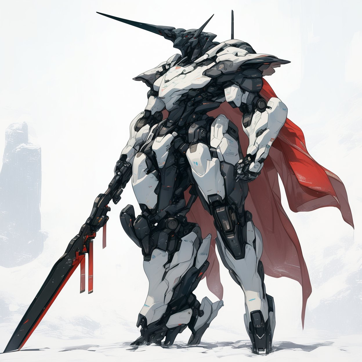 robot, rough, holding, weapon, holding weapon, no humans, solo, standing, science fiction, polearm, holding polearm, single horn, open hand, cape, horns, armor, full body, holding sword, sword, white background, looking ahead, redesign,
,masterpiece, best quality,