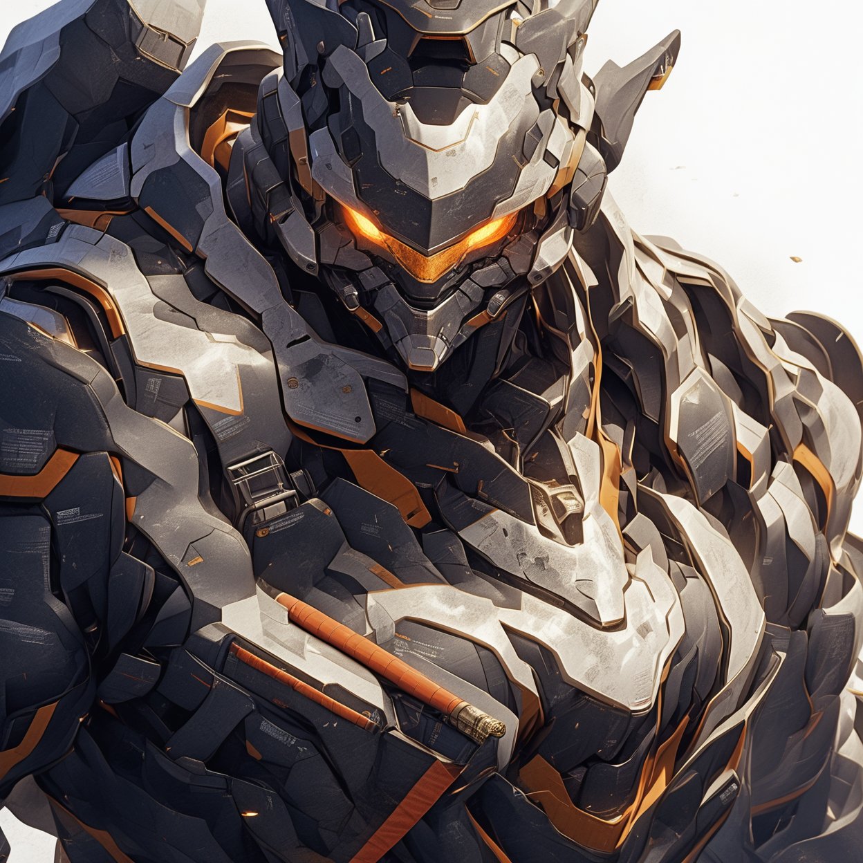 masterpiece, best quality,
robot, armor, solo, 1boy, helmet, upper body, looking at viewer, white background, science fiction, glowing, orange eyes, no humans, simple background, katana, glowing eyes, power armor, 