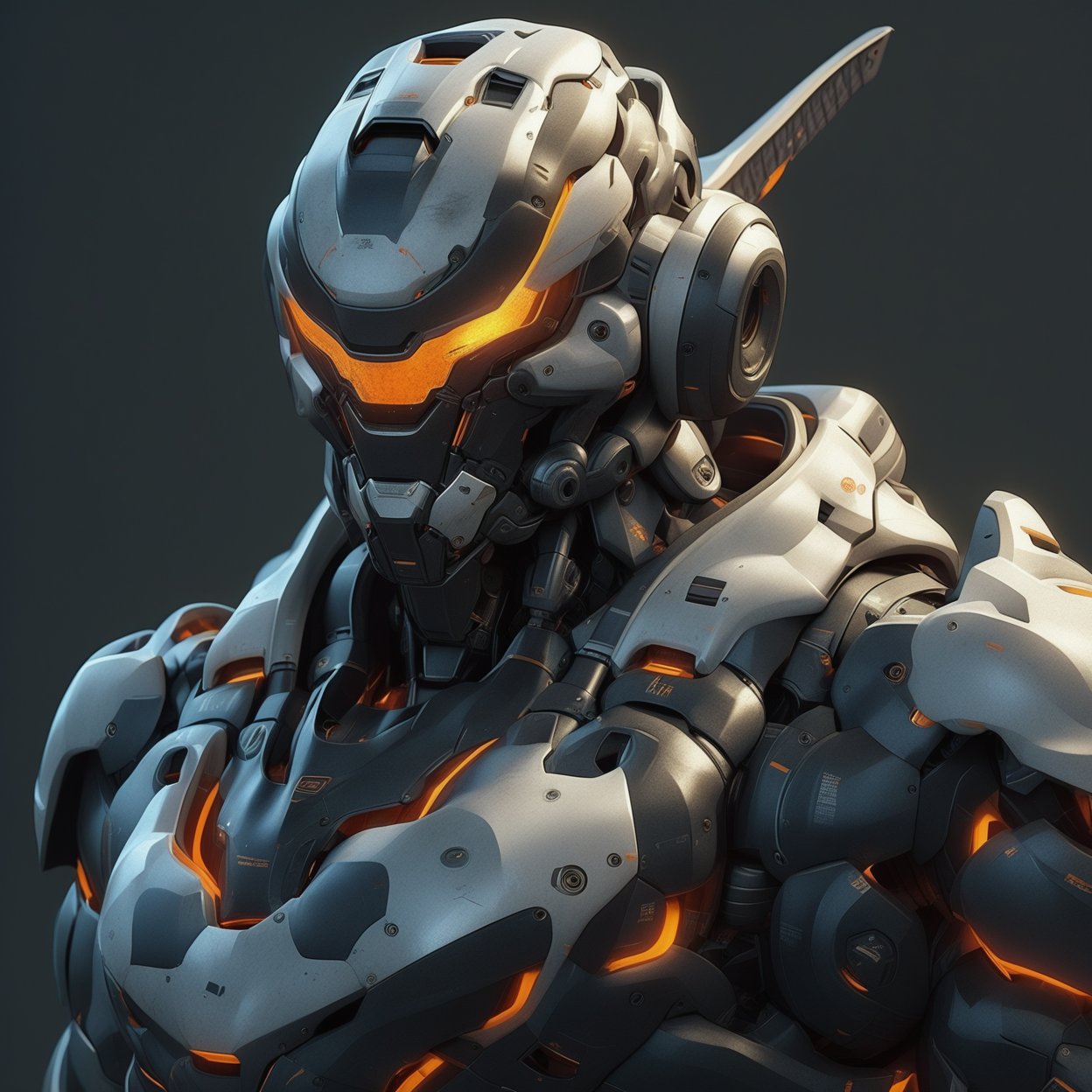 masterpiece, best quality,
robot, armor, solo, 1boy, helmet, upper body, looking at viewer, white background, science fiction, glowing, orange eyes, no humans, simple background, katana, glowing eyes, power armor, 