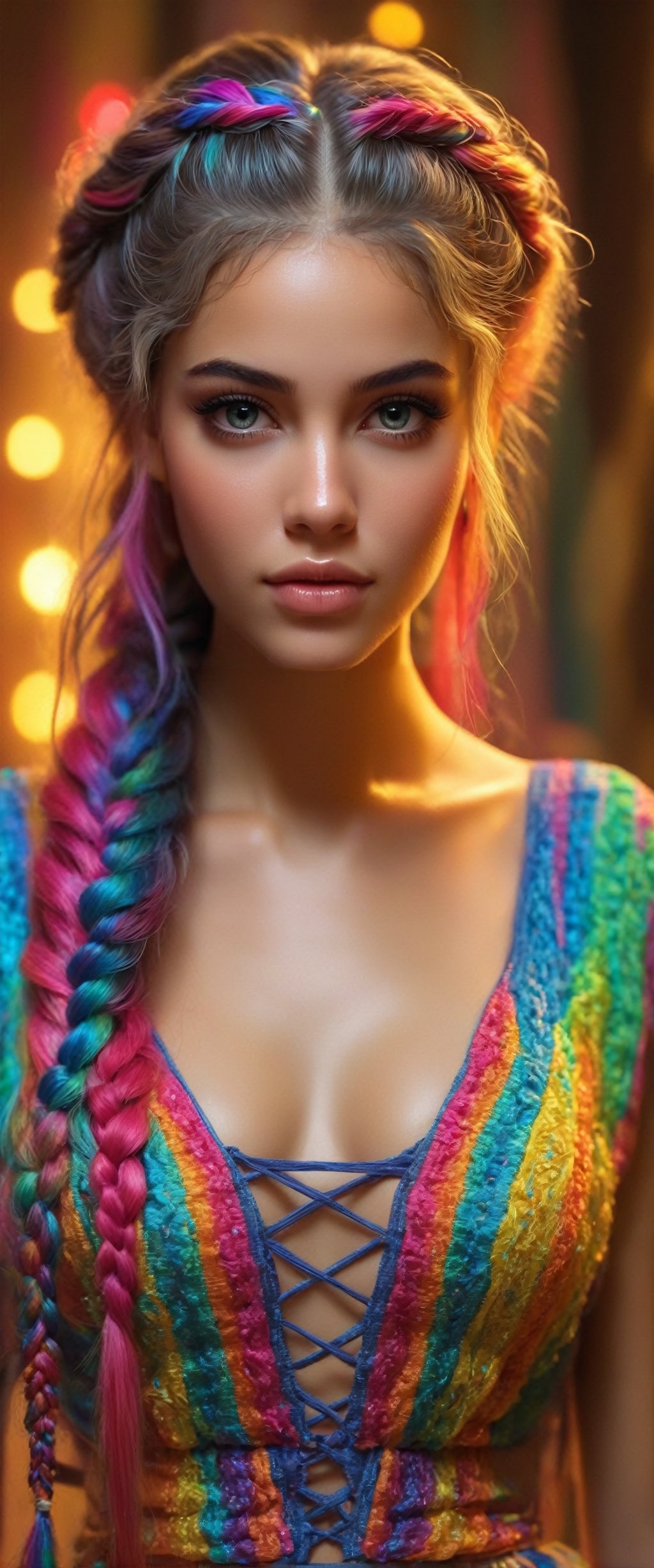 Kitsch maximalism fashion style,1Girl,Beautiful Brazilian girl, long incredibly intricately braided hair, colorful and overdecorated dress,Rainbow haired girl,
Embroidery using threads that emit light with LEDs, ct-nijireal