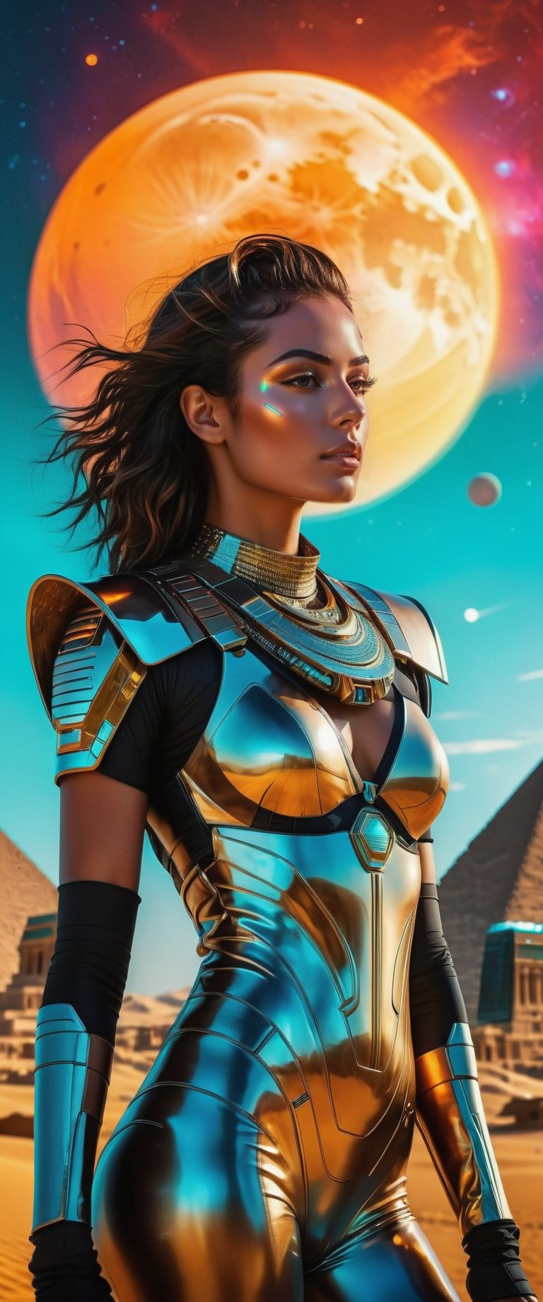 "((Futuristic girl)) immersed in Egypt Cyberstyle, a sleek blend of ancient and cyberpunk elements, standing against a backdrop of a ((fantastic planetscape)) in space, illuminated by the cyber-infused golden hour, ((science fiction masterpiece)), ((vibrant colors)), detailed composition, (best quality),egypt,cool
