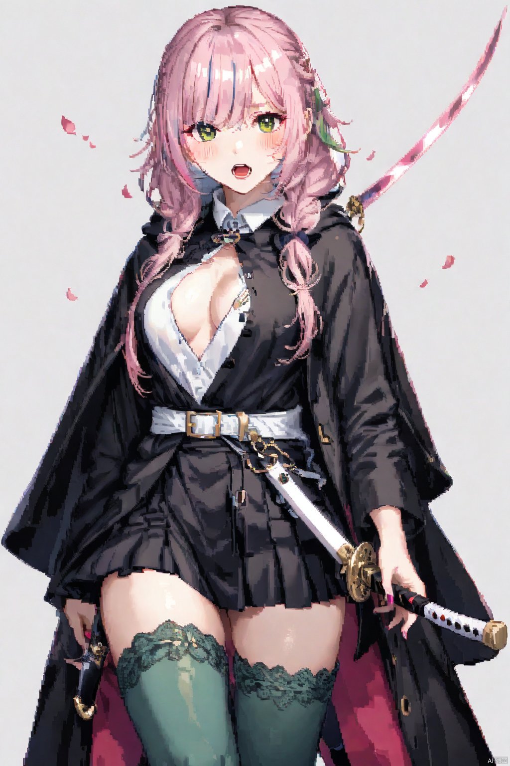 1girl, solo, green thighhighs, breasts, demon slayer uniform, green eyes, thighhighs, weapon, long hair, sword, multicolored hair, pink hair, open mouth, skirt, looking at viewer, braid, gradient hair, mole under eye, petals, cleavage, partially unbuttoned, mole, belt, green hair, holding, black skirt, haori, long sleeves, bangs, shirt, holding sword, japanese clothes, zettai ryouiki, holding weapon, open clothes, two-tone hair, ribbed legwear, miniskirt, katana, white shirt, pleated skirt, collared shirt, pink nails, simple background, blush, uniform, white background, medium breasts, large breasts, white belt, wide sleeves, coat, grey background, jacket, black jacket, open shirt, sheath, twin braids, cowboy shot, feet out of frame,4k,Pixel painting, Pixel painting