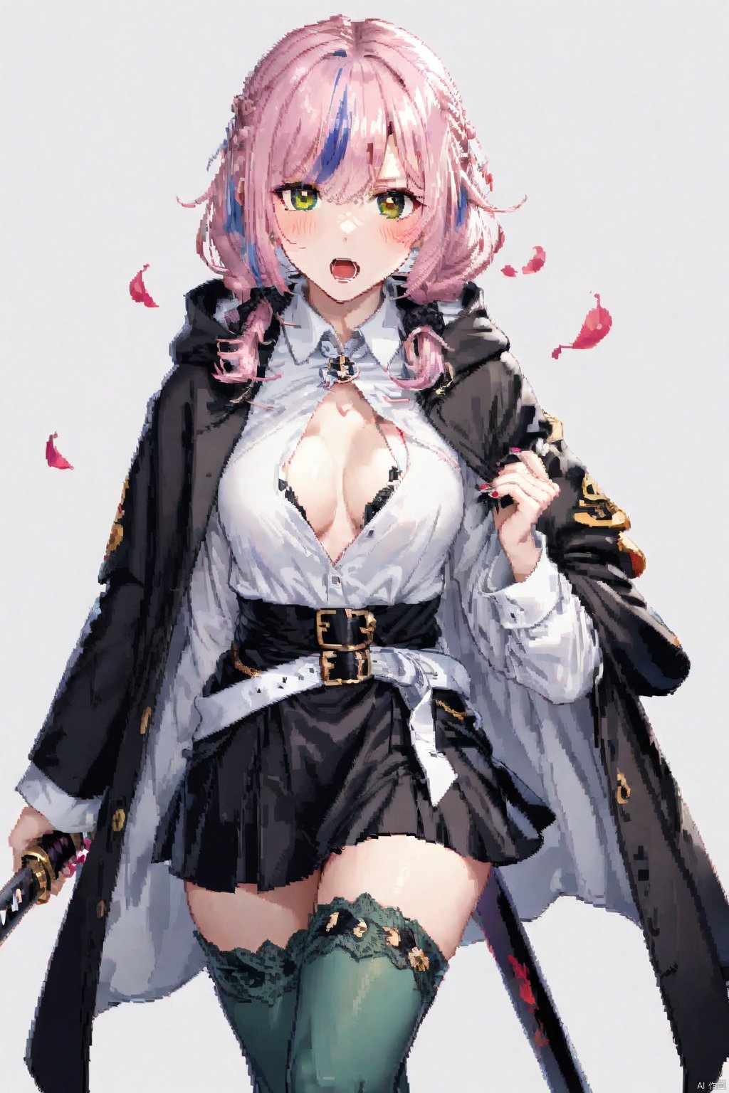 1girl, solo, green thighhighs, breasts, demon slayer uniform, green eyes, thighhighs, weapon, long hair, sword, multicolored hair, pink hair, open mouth, skirt, looking at viewer, braid, gradient hair, mole under eye, petals, cleavage, partially unbuttoned, mole, belt, green hair, holding, black skirt, haori, long sleeves, bangs, shirt, holding sword, japanese clothes, zettai ryouiki, holding weapon, open clothes, two-tone hair, ribbed legwear, miniskirt, katana, white shirt, pleated skirt, collared shirt, pink nails, simple background, blush, uniform, white background, medium breasts, large breasts, white belt, wide sleeves, coat, grey background, jacket, black jacket, open shirt, sheath, twin braids, cowboy shot, feet out of frame,4k,Pixel painting, Pixel painting