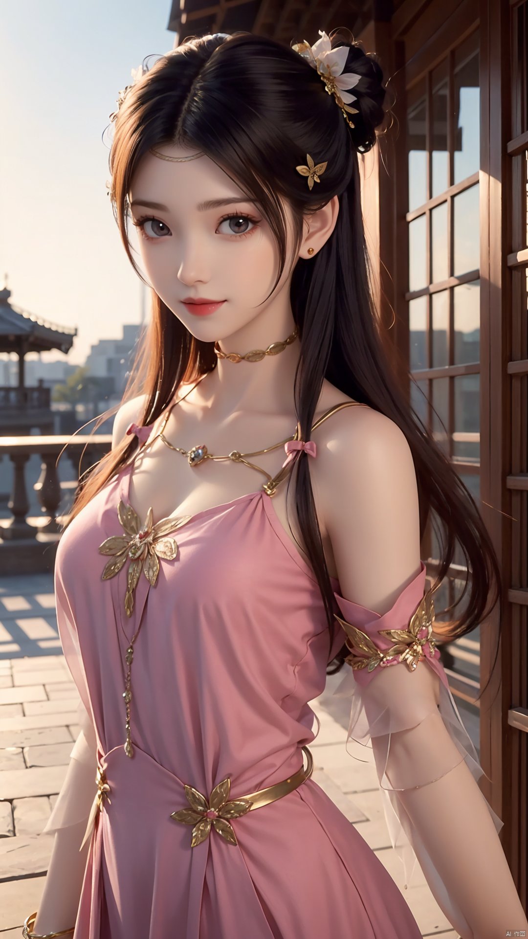 1girl, solo, dress, pink dress, hair ornament, long hair, jewelry, brown eyes, bracelet, flower, mischevious smile, perfect body, scenery, sharp focus, best quality, masterpiece, detailed outfit, illustration, perfect eyes, finely detailed beautiful anime eyes, realistic skin, intricate details, best lighting, depth of field, ultra high resolution,cowboy_shot, dynamic pose, dynamic angle,