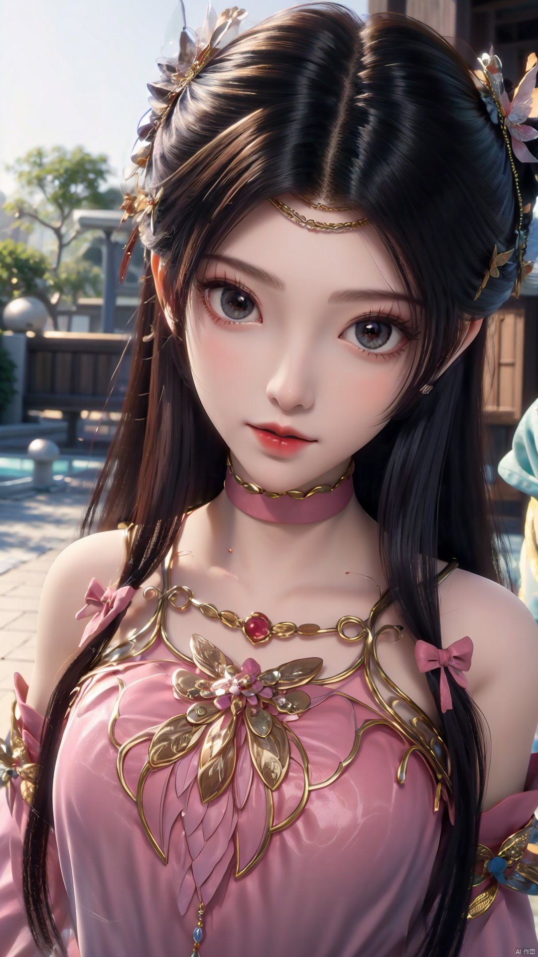 1girl, solo, dress, pink dress, hair ornament, long hair, jewelry, brown eyes, bracelet, flower, mischevious smile, perfect body, scenery, sharp focus, best quality, masterpiece, detailed outfit, illustration, perfect eyes, finely detailed beautiful anime eyes, realistic skin, intricate details, best lighting, depth of field, ultra high resolution,cowboy_shot, dynamic pose, dynamic angle,