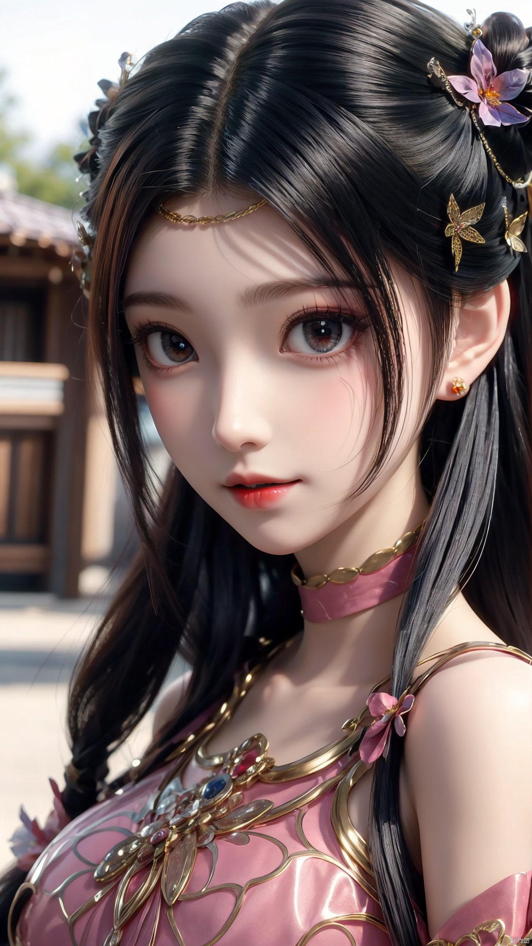 1girl, solo, dress, pink dress, hair ornament, long hair, jewelry, brown eyes, bracelet, flower, mischevious smile, perfect body, scenery, sharp focus, best quality, masterpiece, detailed outfit, illustration, perfect eyes, finely detailed beautiful anime eyes, realistic skin, intricate details, best lighting, depth of field, ultra high resolution,cowboy_shot, dynamic pose, dynamic angle,