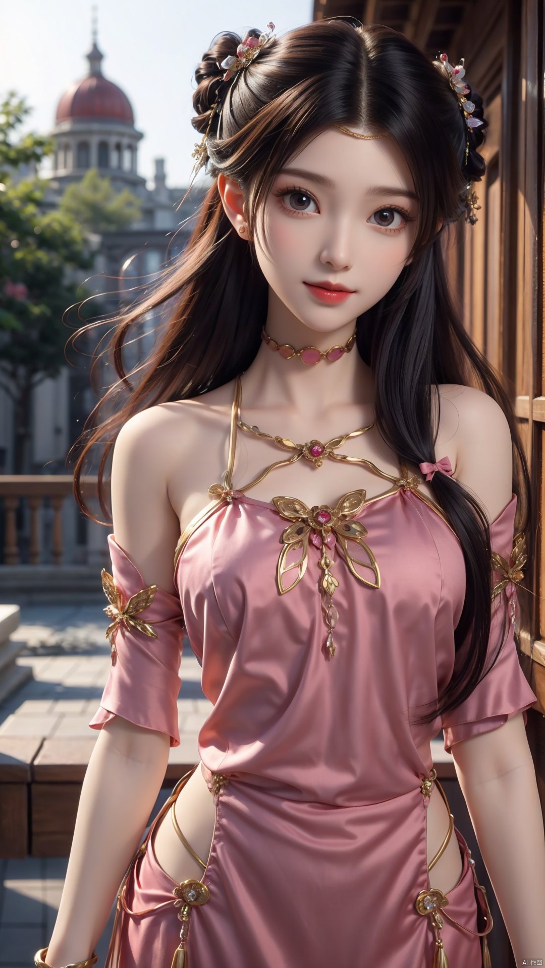 1girl, solo, dress, pink dress, hair ornament, long hair, jewelry, brown eyes, bracelet, flower, mischevious smile, perfect body, scenery, sharp focus, best quality, masterpiece, detailed outfit, illustration, perfect eyes, finely detailed beautiful anime eyes, realistic skin, intricate details, best lighting, depth of field, ultra high resolution,cowboy_shot, dynamic pose, dynamic angle,