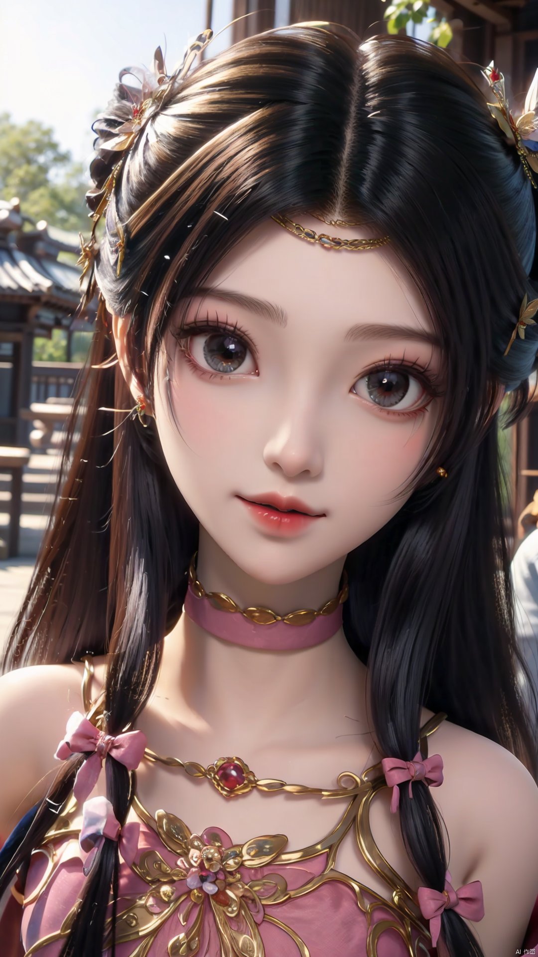 1girl, solo, dress, pink dress, hair ornament, long hair, jewelry, brown eyes, bracelet, flower, mischevious smile, perfect body, scenery, sharp focus, best quality, masterpiece, detailed outfit, illustration, perfect eyes, finely detailed beautiful anime eyes, realistic skin, intricate details, best lighting, depth of field, ultra high resolution,cowboy_shot, dynamic pose, dynamic angle,