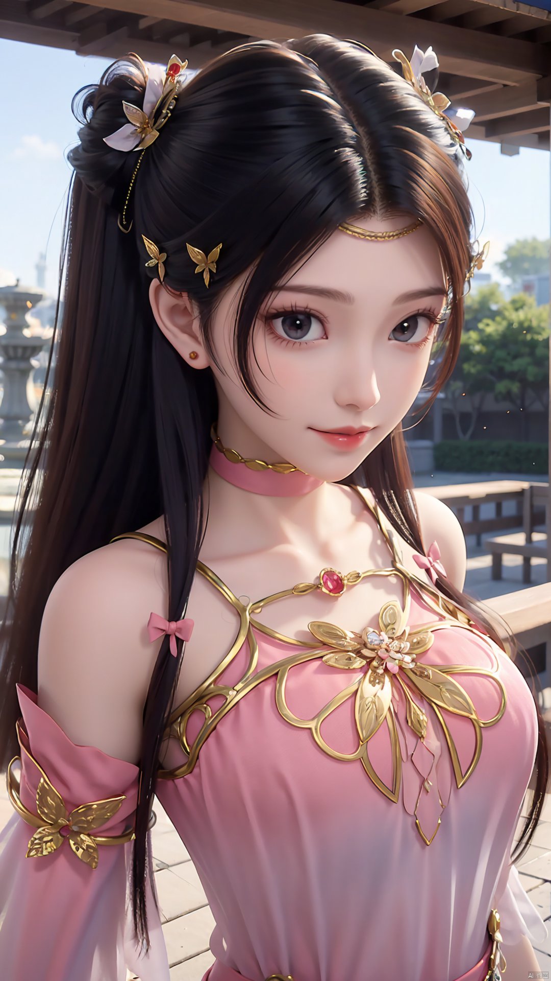 1girl, solo, dress, pink dress, hair ornament, long hair, jewelry, brown eyes, bracelet, flower, mischevious smile, perfect body, scenery, sharp focus, best quality, masterpiece, detailed outfit, illustration, perfect eyes, finely detailed beautiful anime eyes, realistic skin, intricate details, best lighting, depth of field, ultra high resolution,cowboy_shot, dynamic pose, dynamic angle,