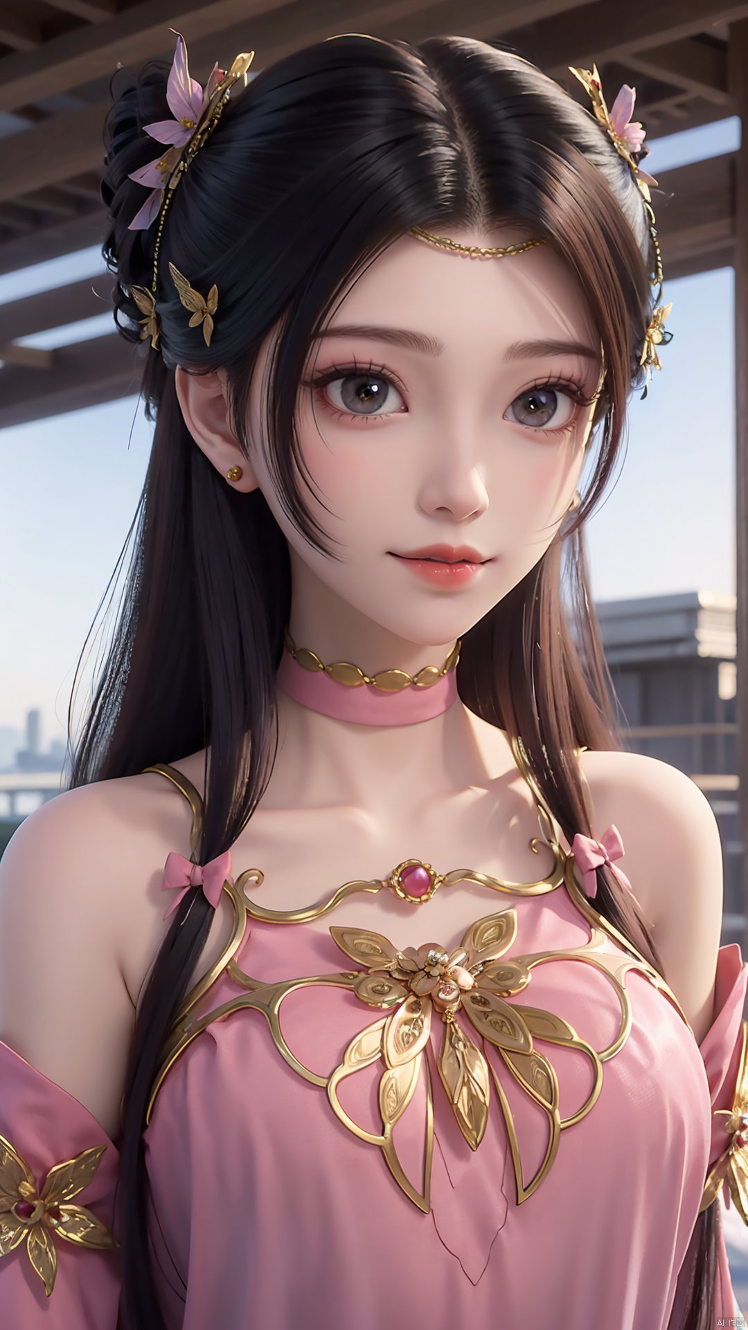 1girl, solo, dress, pink dress, hair ornament, long hair, jewelry, brown eyes, bracelet, flower, mischevious smile, perfect body, scenery, sharp focus, best quality, masterpiece, detailed outfit, illustration, perfect eyes, finely detailed beautiful anime eyes, realistic skin, intricate details, best lighting, depth of field, ultra high resolution,cowboy_shot, dynamic pose, dynamic angle,