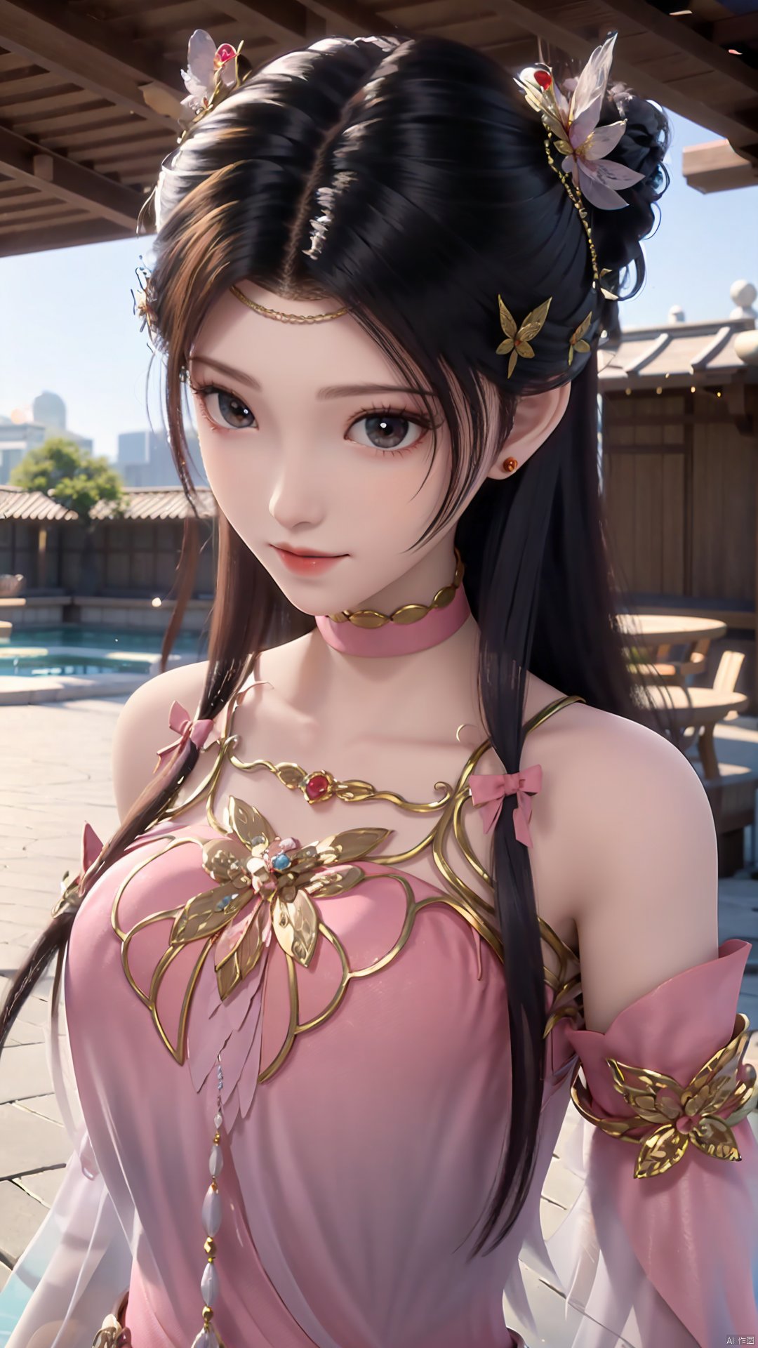 1girl, solo, dress, pink dress, hair ornament, long hair, jewelry, brown eyes, bracelet, flower, mischevious smile, perfect body, scenery, sharp focus, best quality, masterpiece, detailed outfit, illustration, perfect eyes, finely detailed beautiful anime eyes, realistic skin, intricate details, best lighting, depth of field, ultra high resolution,cowboy_shot, dynamic pose, dynamic angle,