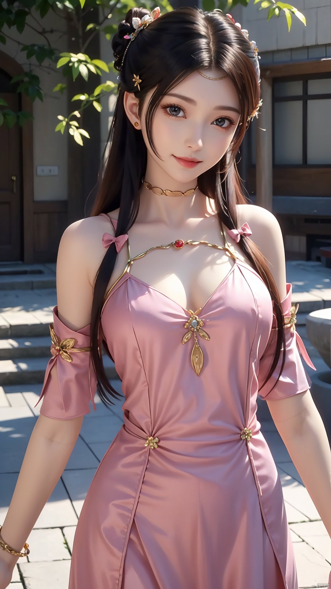 1girl, solo, dress, pink dress, hair ornament, long hair, jewelry, brown eyes, bracelet, flower, mischevious smile, perfect body, scenery, sharp focus, best quality, masterpiece, detailed outfit, illustration, perfect eyes, finely detailed beautiful anime eyes, realistic skin, intricate details, best lighting, depth of field, ultra high resolution,cowboy_shot, dynamic pose, dynamic angle,