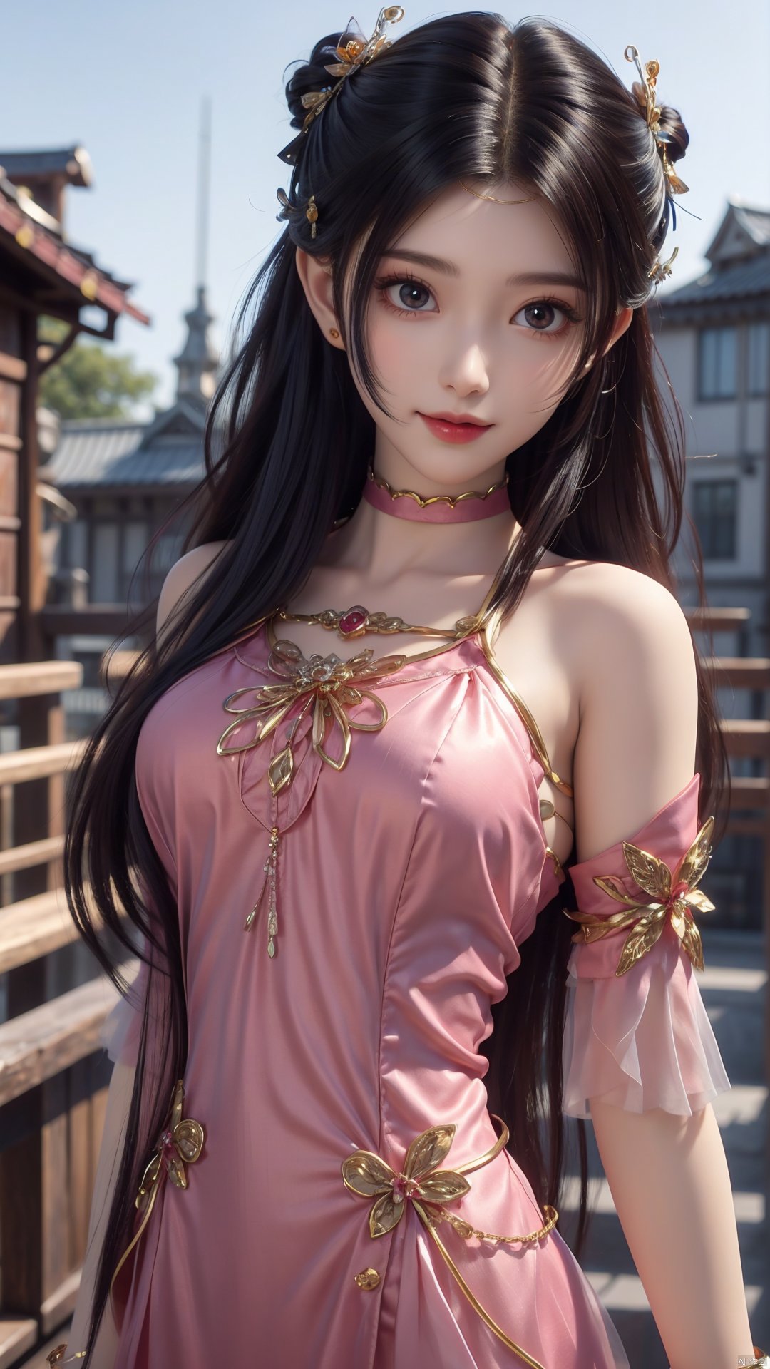 1girl, solo, dress, pink dress, hair ornament, long hair, jewelry, brown eyes, bracelet, flower, mischevious smile, perfect body, scenery, sharp focus, best quality, masterpiece, detailed outfit, illustration, perfect eyes, finely detailed beautiful anime eyes, realistic skin, intricate details, best lighting, depth of field, ultra high resolution,cowboy_shot, dynamic pose, dynamic angle,