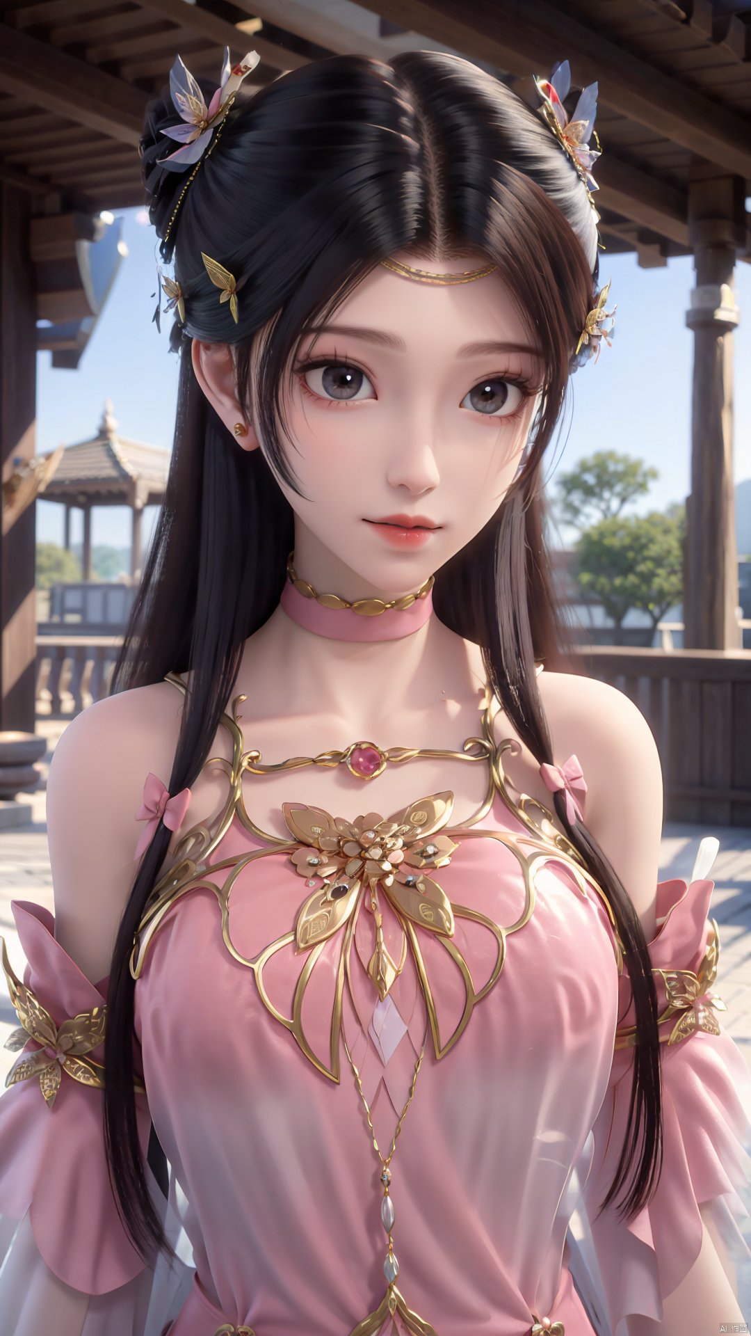 1girl, solo, dress, pink dress, hair ornament, long hair, jewelry, brown eyes, bracelet, flower, mischevious smile, perfect body, scenery, sharp focus, best quality, masterpiece, detailed outfit, illustration, perfect eyes, finely detailed beautiful anime eyes, realistic skin, intricate details, best lighting, depth of field, ultra high resolution,cowboy_shot, dynamic pose, dynamic angle,