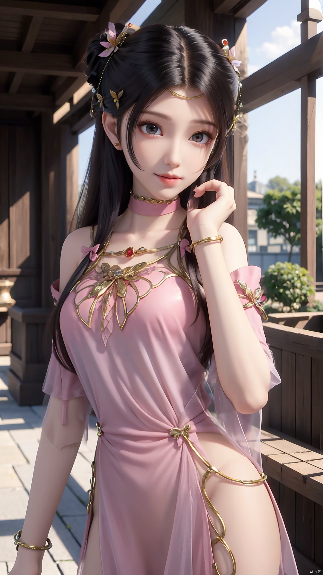 1girl, solo, dress, pink dress, hair ornament, long hair, jewelry, brown eyes, bracelet, flower, mischevious smile, perfect body, scenery, sharp focus, best quality, masterpiece, detailed outfit, illustration, perfect eyes, finely detailed beautiful anime eyes, realistic skin, intricate details, best lighting, depth of field, ultra high resolution,cowboy_shot, dynamic pose, dynamic angle,