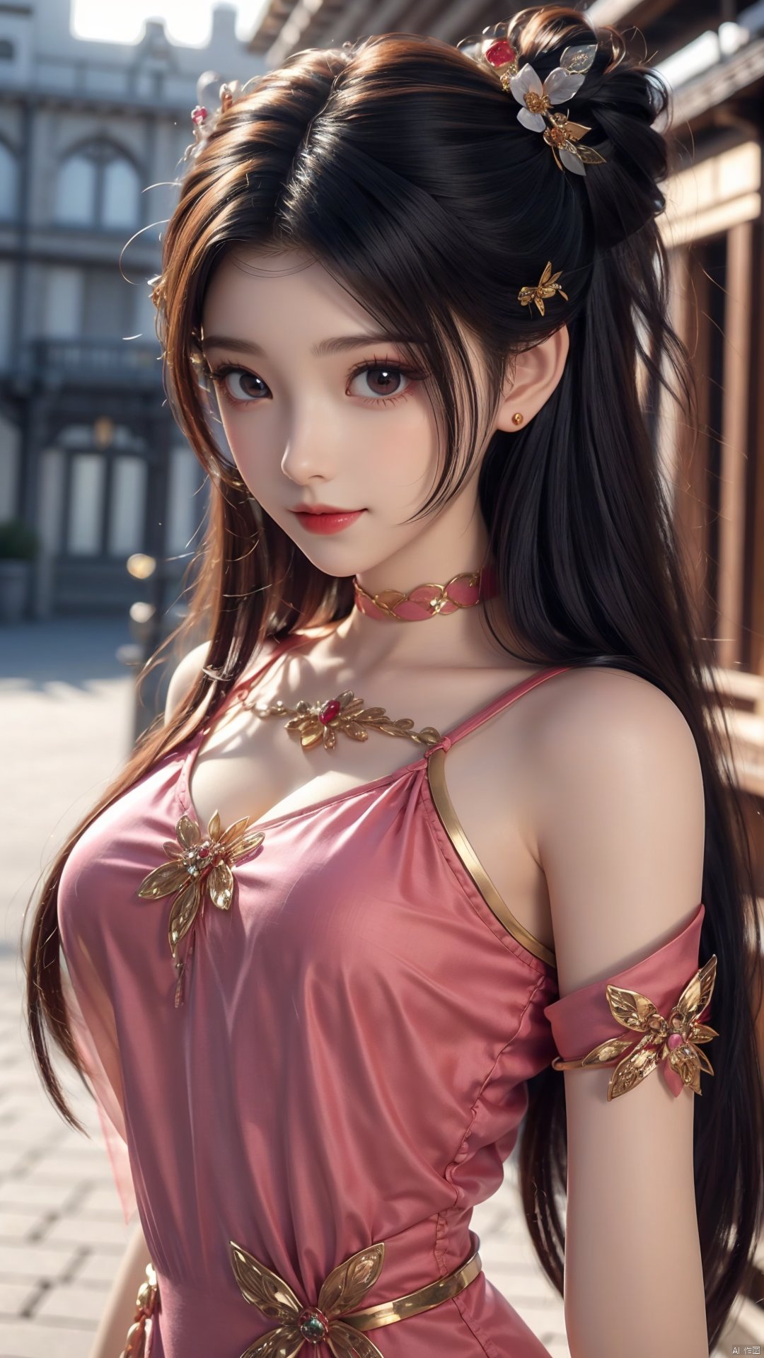 1girl, solo, dress, pink dress, hair ornament, long hair, jewelry, brown eyes, bracelet, flower, mischevious smile, perfect body, scenery, sharp focus, best quality, masterpiece, detailed outfit, illustration, perfect eyes, finely detailed beautiful anime eyes, realistic skin, intricate details, best lighting, depth of field, ultra high resolution,cowboy_shot, dynamic pose, dynamic angle,