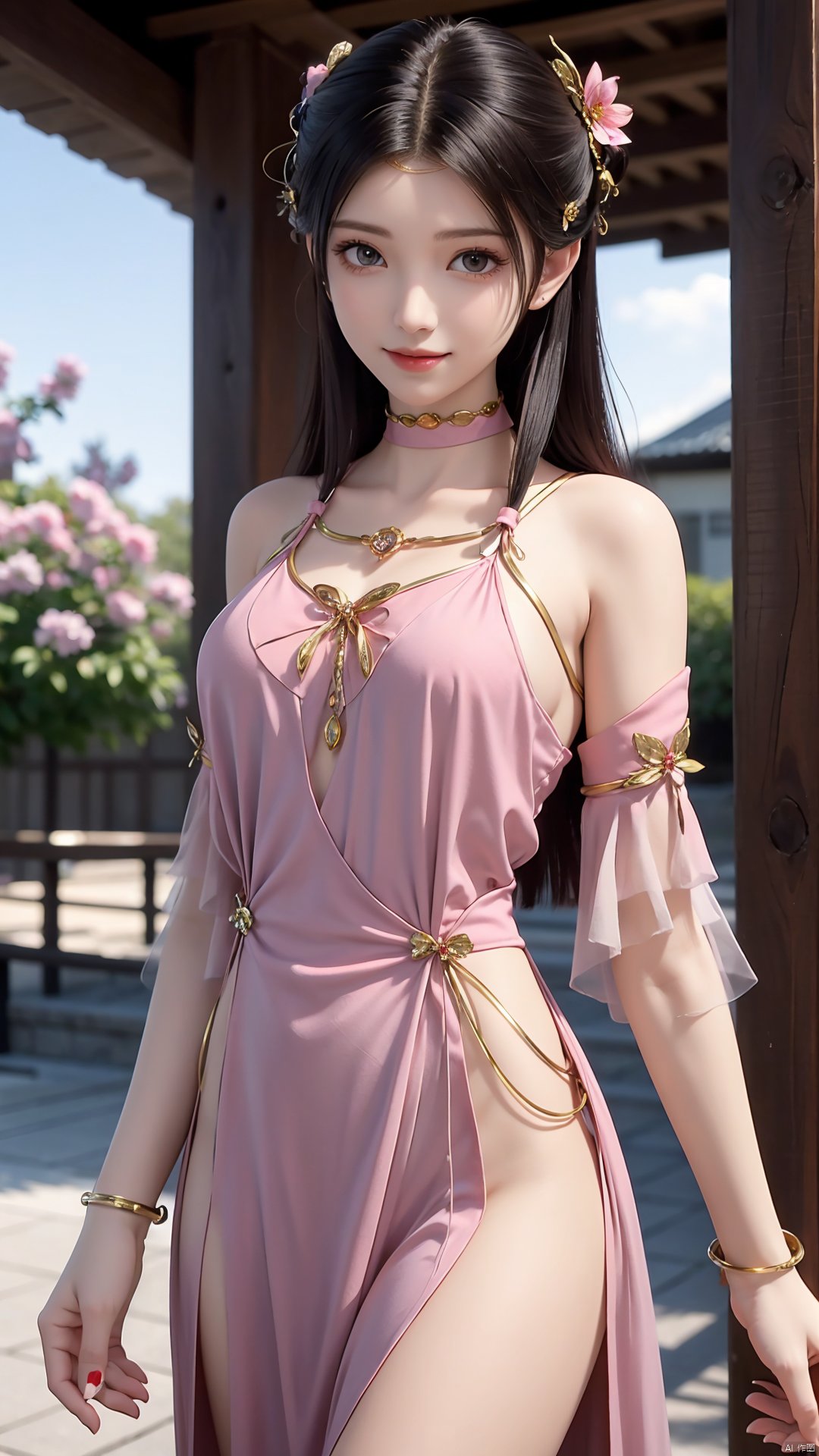 1girl, solo, dress, pink dress, hair ornament, long hair, jewelry, brown eyes, bracelet, flower, mischevious smile, perfect body, scenery, sharp focus, best quality, masterpiece, detailed outfit, illustration, perfect eyes, finely detailed beautiful anime eyes, realistic skin, intricate details, best lighting, depth of field, ultra high resolution,cowboy_shot, dynamic pose, dynamic angle,