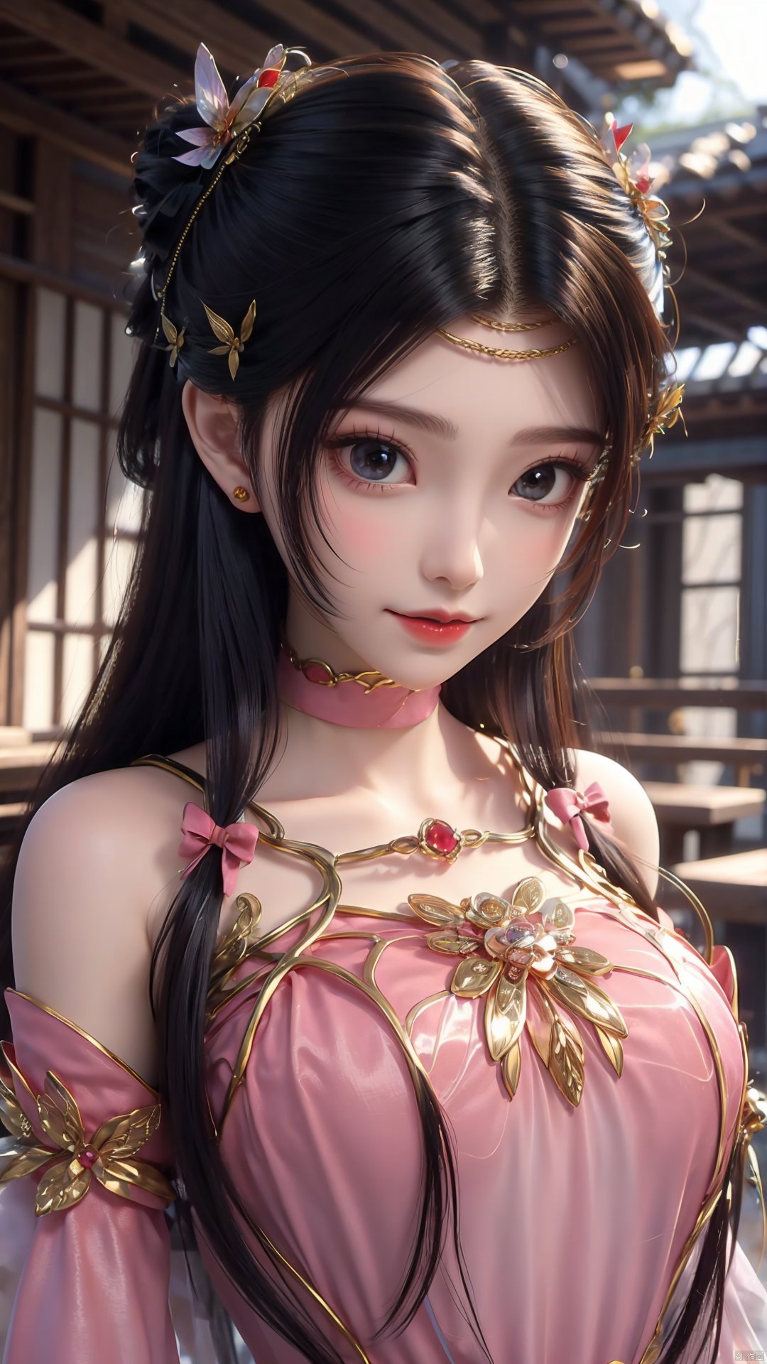 1girl, solo, dress, pink dress, hair ornament, long hair, jewelry, brown eyes, bracelet, flower, mischevious smile, perfect body, scenery, sharp focus, best quality, masterpiece, detailed outfit, illustration, perfect eyes, finely detailed beautiful anime eyes, realistic skin, intricate details, best lighting, depth of field, ultra high resolution,cowboy_shot, dynamic pose, dynamic angle,