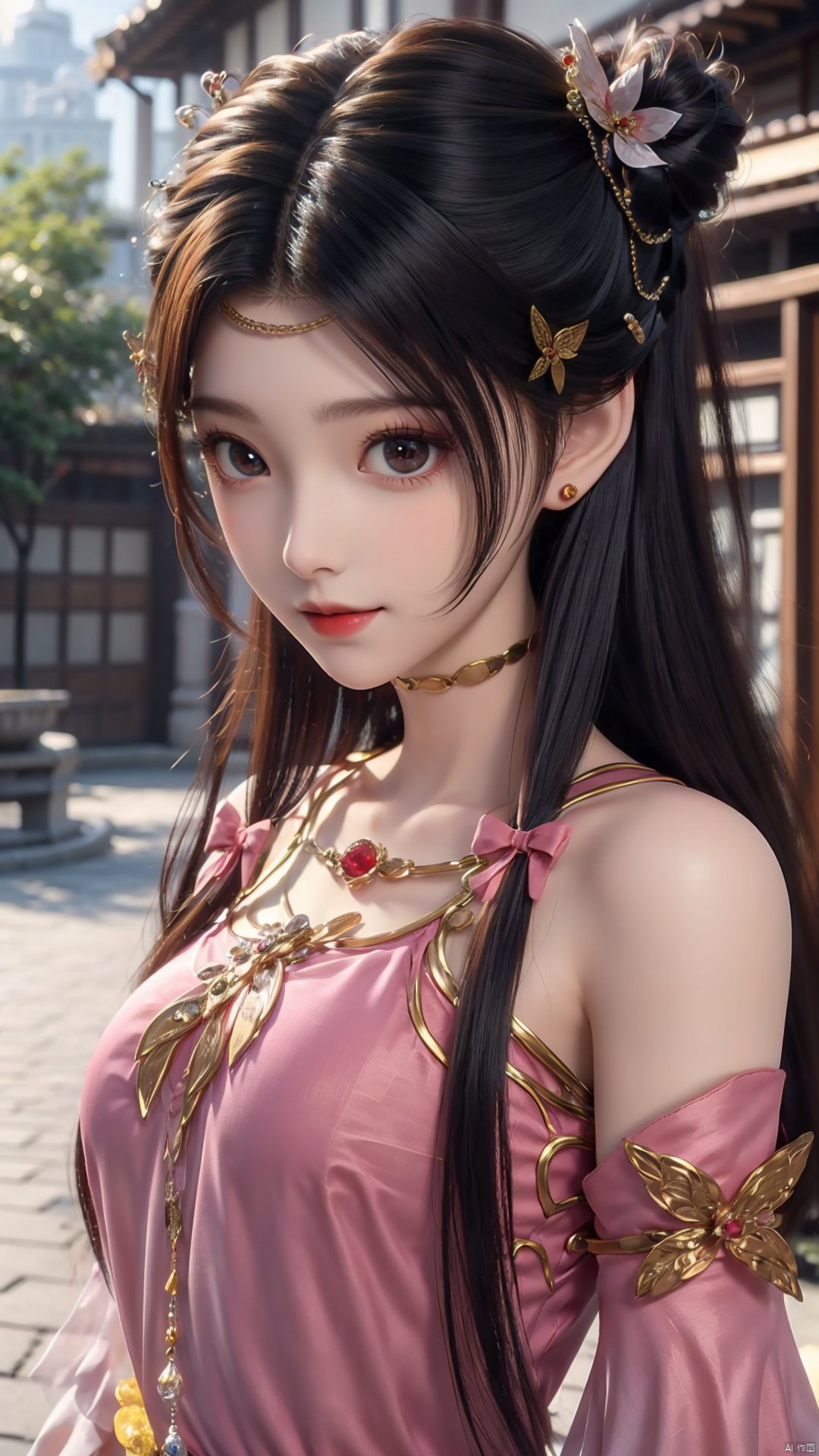 1girl, solo, dress, pink dress, hair ornament, long hair, jewelry, brown eyes, bracelet, flower, mischevious smile, perfect body, scenery, sharp focus, best quality, masterpiece, detailed outfit, illustration, perfect eyes, finely detailed beautiful anime eyes, realistic skin, intricate details, best lighting, depth of field, ultra high resolution,cowboy_shot, dynamic pose, dynamic angle,