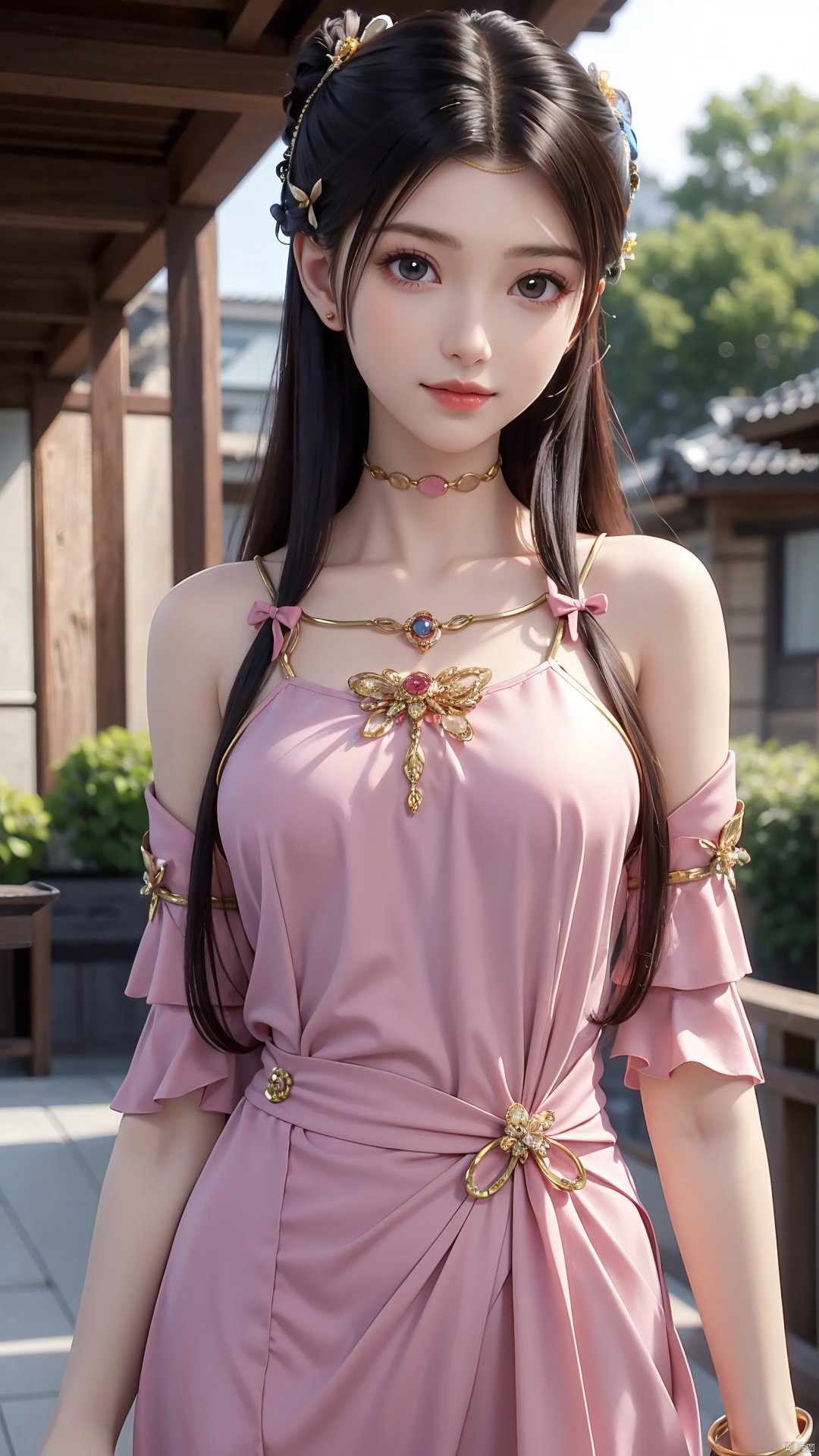 1girl, solo, dress, pink dress, hair ornament, long hair, jewelry, brown eyes, bracelet, flower, mischevious smile, perfect body, scenery, sharp focus, best quality, masterpiece, detailed outfit, illustration, perfect eyes, finely detailed beautiful anime eyes, realistic skin, intricate details, best lighting, depth of field, ultra high resolution,cowboy_shot, dynamic pose, dynamic angle,