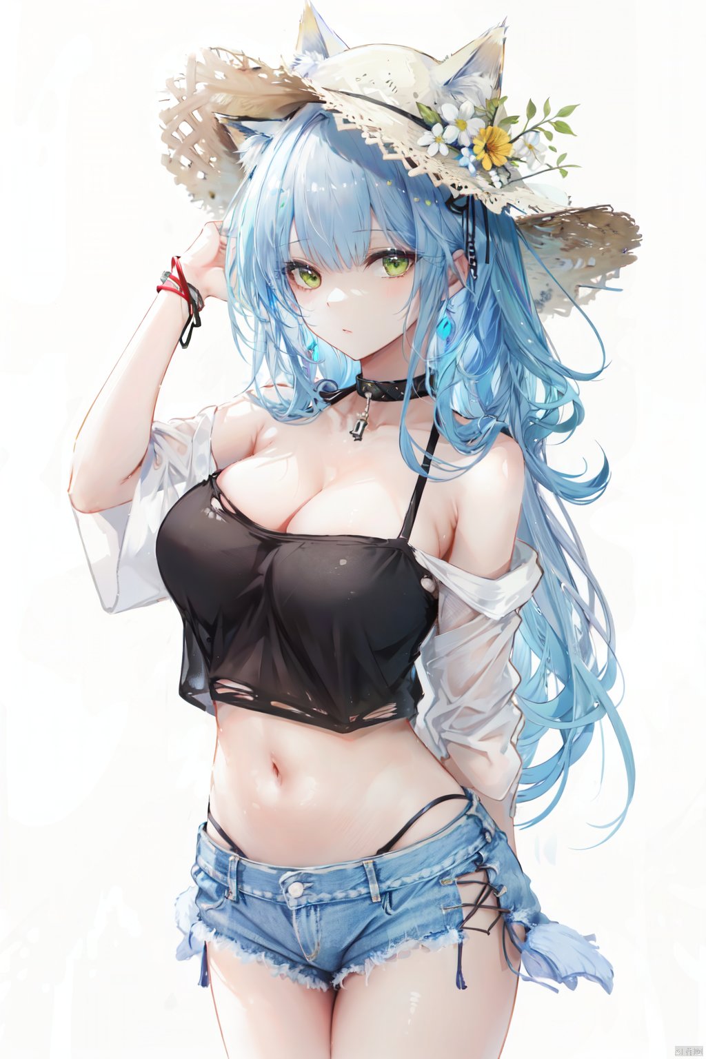 1girl, solo, cross-laced clothes, kal'tsit \(arknights\), breasts, green eyes, hat, flower, navel, animal ears, shorts, bare shoulders, alternate costume, white hair, looking at viewer, cleavage, cowboy shot, red choker, large breasts, choker, wristband, straw hat, sun hat, hat flower, yellow flower, cutoffs, blue shorts, no panties, hand on headwear, green background, stomach, cat ears, denim, midriff, denim shorts, bangs, collarbone, short shorts, arm behind back, white flower, crop top, torn shorts, standing, groin, hand up, off shoulder, arm up, fruit, two-tone background, white headwear, food, animal ear fluff