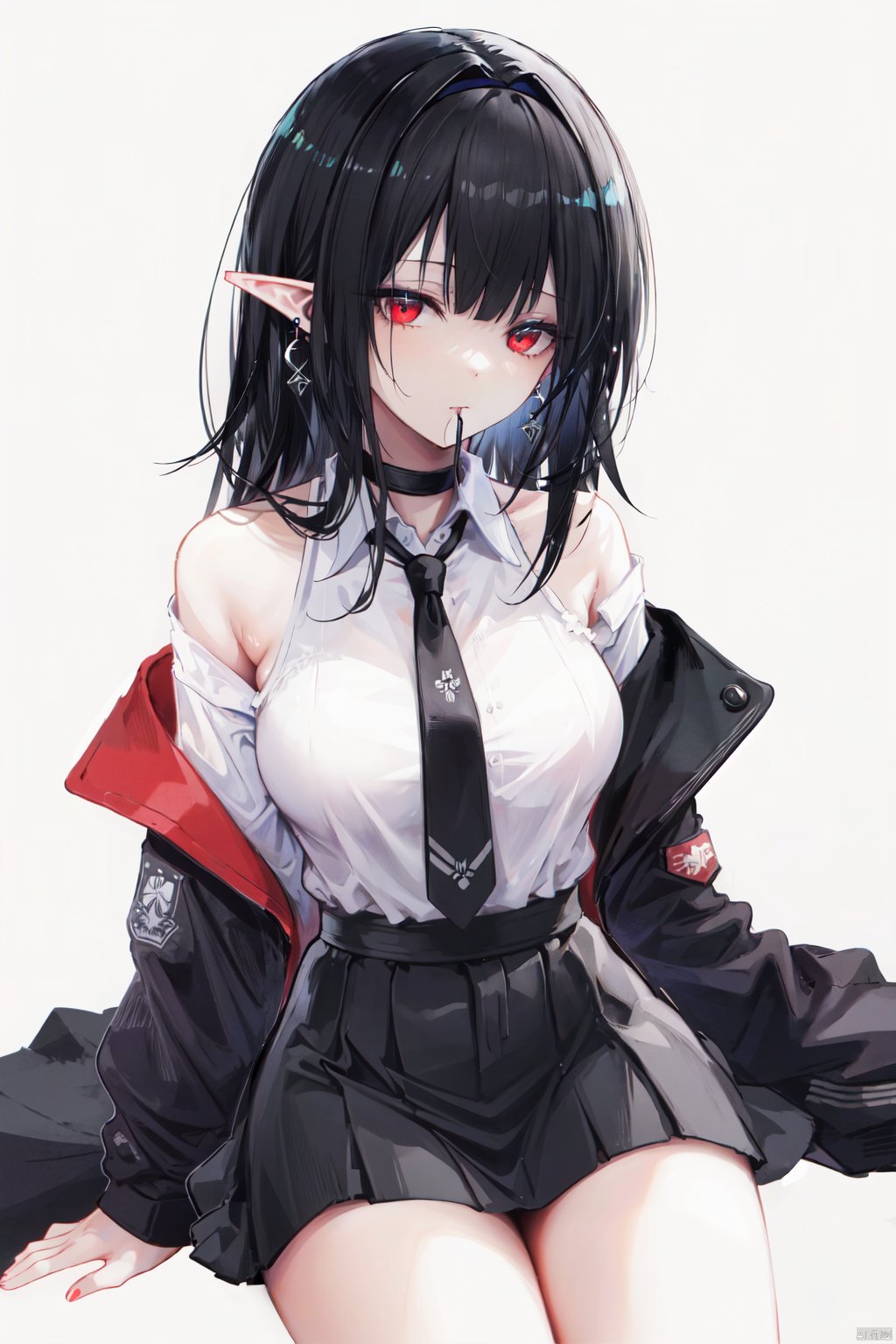 1girl, solo, red eyes, bare shoulders, long hair, white background, simple background, necktie, artist name, skirt, black skirt, mouth hold, signature, hairband, shirt, black necktie, grey hair, black jacket, bangs, jacket, long sleeves, pointy ears, sitting, black choker, thighs, off shoulder, black hairband, choker, white shirt, red nails, earrings, cowboy shot, nail polish