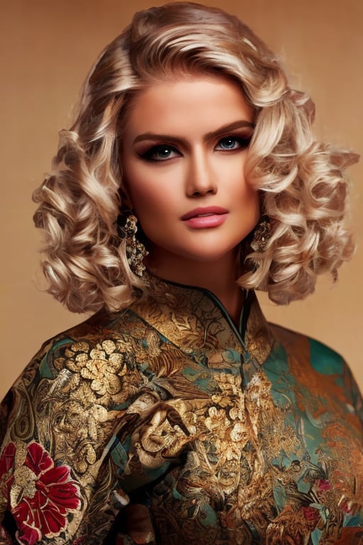 1girl, wearing oriental art clothing, Nicole_A,photorealistic, hourglass_figure, half body portrait, golden bob hair