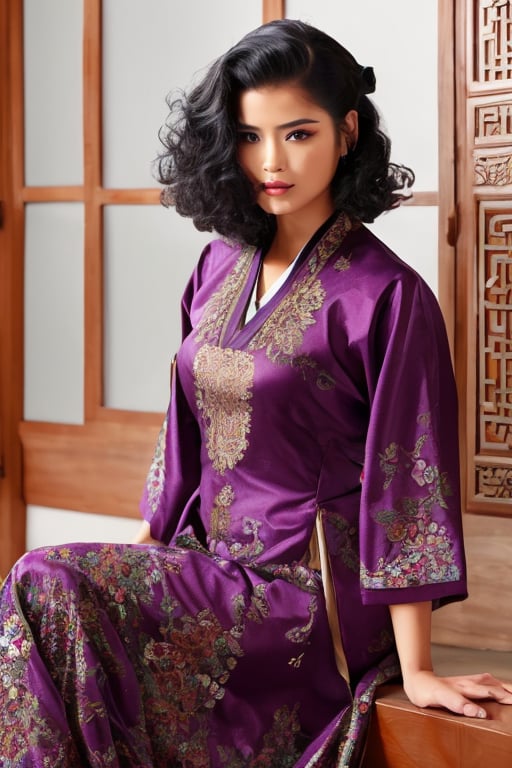 1girl, wearing purple oriental art clothing, Nicole_A,photorealistic, hourglass_figure, purple wavy hair