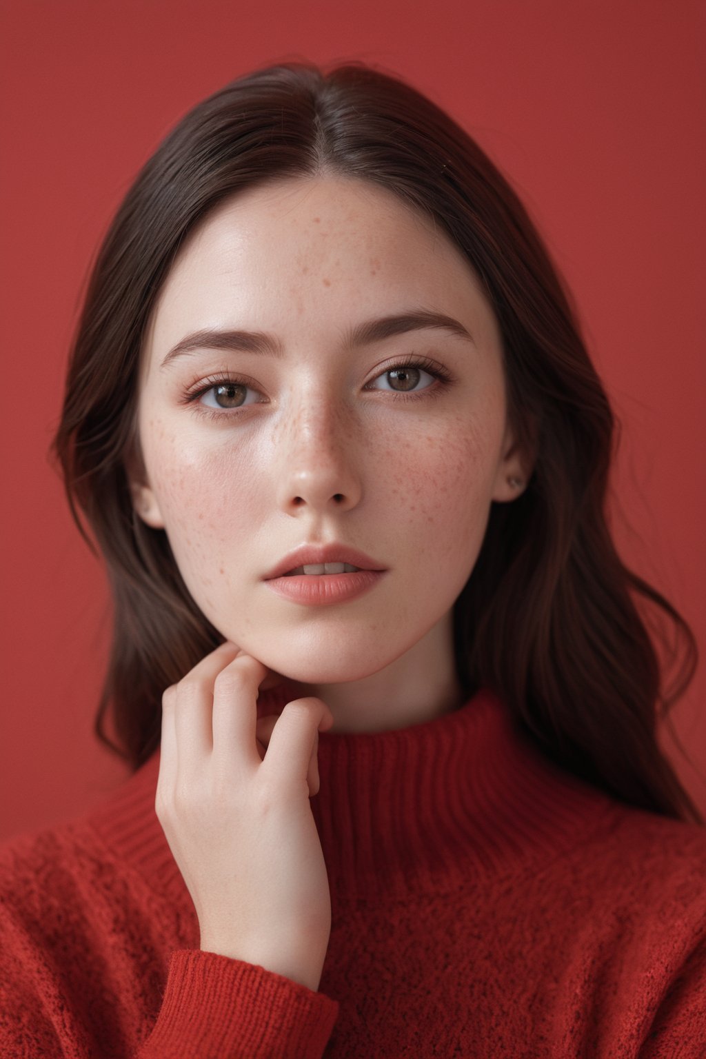 photorealistic,portrait of hubggirl, 
(ultra realistic,best quality),photorealistic,Extremely Realistic, in depth, cinematic light,

1girl, stunningly beautiful woman, picture perfect face,blush,freckled,
red sweater,red background, upper body,

perfect lighting, vibrant colors, intricate details, high detailed skin, pale skin, intricate background, realism,realistic,raw,analog,portrait,photorealistic, taken by Canon EOS,SIGMA Art Lens 35mm F1.4,ISO 200 Shutter Speed 2000,Vivid picture,