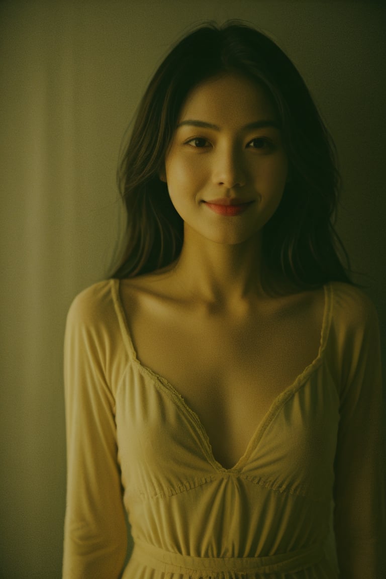 asiangirl, a mysterious woman, fog, movie lights, yellow theme, smiling