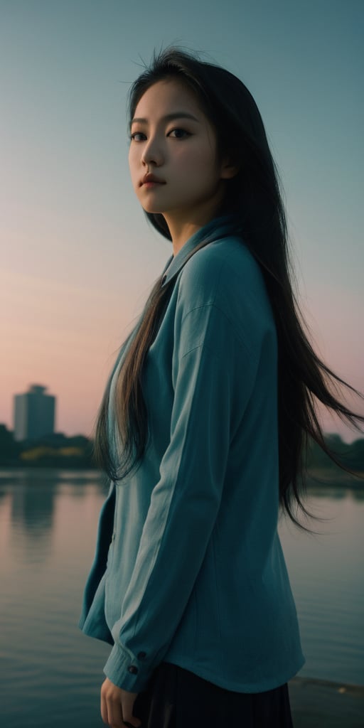 asiangirl, (masterpiece:1.0), (highest quality:1.12), (HDR:1.0), a girl with long hair looking at viewer, with a teal background and a indigo sky, constant, vaporwave colors, a character portrait, synchronization, detailed, realistic, 8k uhd, high quality