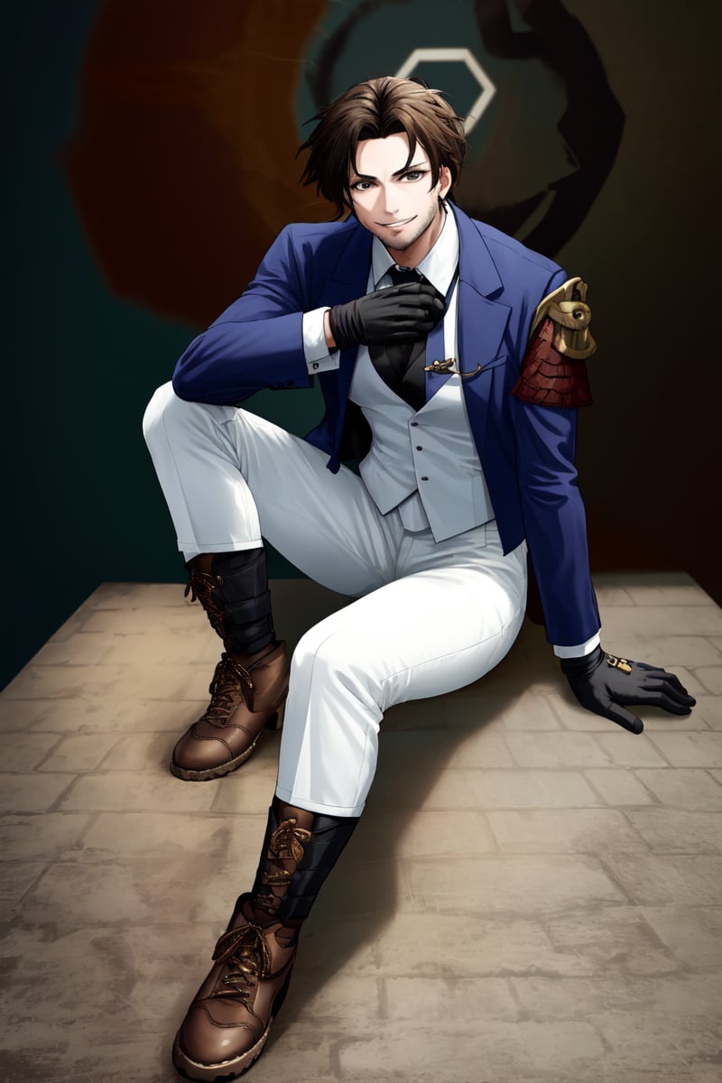 solo, looking at viewer, smile, brown hair, shirt, black hair, gloves, long sleeves, 1boy, sitting, full body, white shirt, male focus, boots, black gloves, pants, vest, facial hair, single glove, white pants, invisible chair, grey vest


















