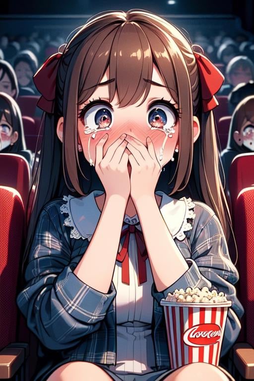 (((masterpiece))), (((best quality))), (((horror movie))), (((crowd))), ((hands on own face)), ((cinema seating)), ((scared)), ((crying with eyes open)), popcorn, cocacola, disposable cup, plaid jacket, stairs, night, open mouth, 1girl, big tits, ribbon, sweat, shy, blush, slim figure, <lora:girllikehorrormovie:0.8>