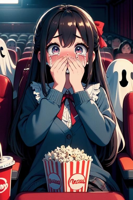 (((masterpiece))), (((best quality))), (((ghost))), (((horror movie))), (((crowd))), ((hands on own face)), ((cinema seating)), ((scared)), ((crying with eyes open)), popcorn, cocacola, disposable cup, plaid jacket, stairs, night, open mouth, 1girl, big tits, ribbon, sweat, shy, blush, slim figure, <lora:girllikehorrormovie:0.8>