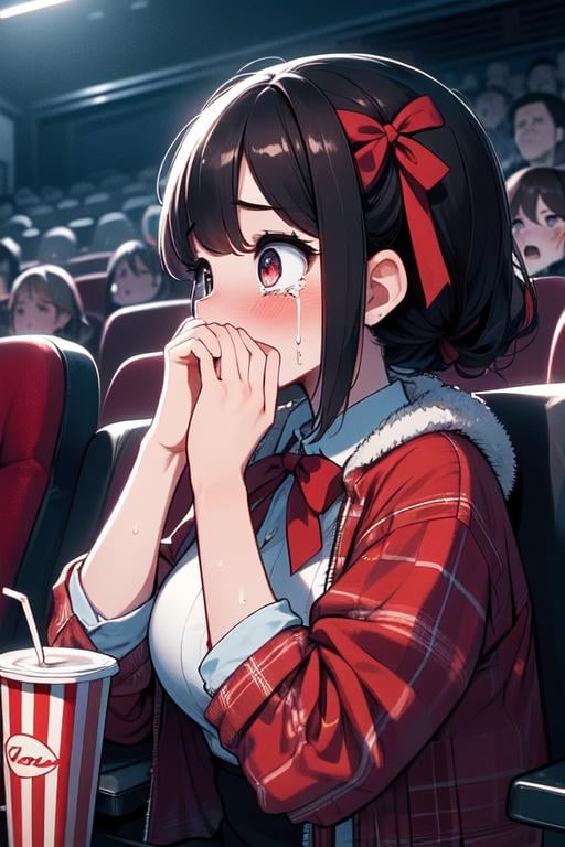 (((masterpiece))), (((best quality))), (((side face))), (((horror movie))), (((crowd))), ((hands on own face)), ((cinema seating)), ((scared)), ((crying with eyes open)), popcorn, cocacola, disposable cup, plaid jacket, stairs, night, open mouth, 1girl, big tits, ribbon, sweat, shy, blush, slim figure, <lora:girllikehorrormovie:0.8>