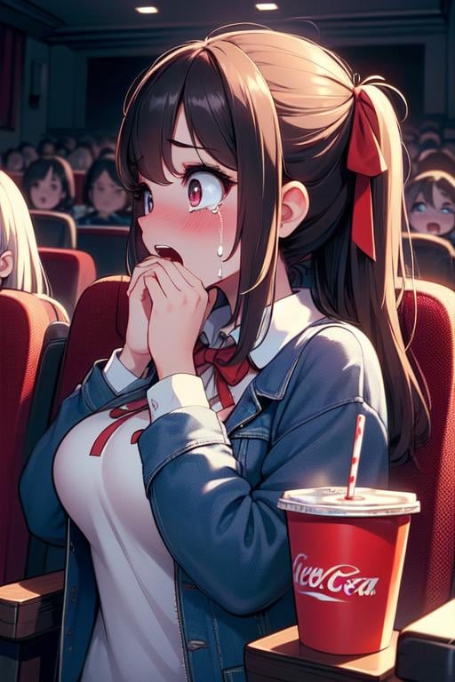 (((masterpiece))), (((best quality))), (((side face))), (((horror movie))), (((crowd))), ((hands on own face)), ((cinema seating)), ((scared)), ((crying with eyes open)), popcorn, cocacola, disposable cup, plaid jacket, stairs, night, open mouth, 1girl, big tits, ribbon, sweat, shy, blush, slim figure, <lora:girllikehorrormovie:0.8>