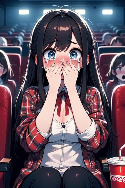 (((masterpiece))), (((best quality))), (((horror movie))), (((crowd))), ((hands on own face)), ((cinema seating)), ((scared)), ((crying with eyes open)), popcorn, cocacola, disposable cup, plaid jacket, stairs, night, open mouth, 1girl, big tits, ribbon, sweat, shy, blush, slim figure, <lora:girllikehorrormovie:0.8>