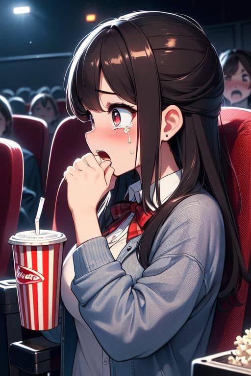 (((masterpiece))), (((best quality))), (((side face))), (((horror movie))), (((crowd))), ((hands on own face)), ((cinema seating)), ((scared)), ((crying with eyes open)), popcorn, cocacola, disposable cup, plaid jacket, stairs, night, open mouth, 1girl, big tits, ribbon, sweat, shy, blush, slim figure, <lora:girllikehorrormovie:0.8>