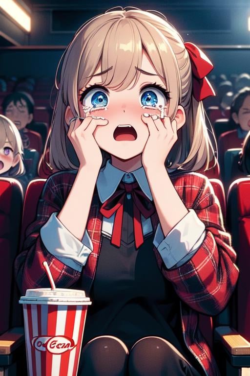 (((masterpiece))), (((best quality))), (((horror movie))), (((crowd))), ((hands on own face)), ((cinema seating)), ((scared)), ((crying with eyes open)), popcorn, cocacola, disposable cup, plaid jacket, stairs, night, open mouth, 1girl, big tits, ribbon, sweat, shy, blush, slim figure, <lora:girllikehorrormovie:0.8>