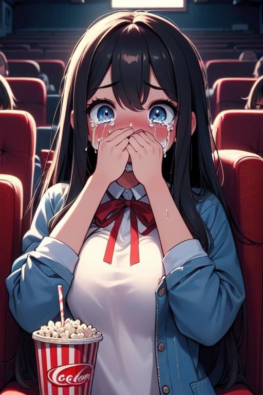 (((masterpiece))), (((best quality))), (((horror movie))), (((crowd))), ((hands on own face)), ((cinema seating)), ((scared)), ((crying with eyes open)), popcorn, cocacola, disposable cup, plaid jacket, stairs, night, open mouth, 1girl, big tits, ribbon, sweat, shy, blush, slim figure, <lora:girllikehorrormovie:0.8>