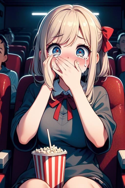 (((masterpiece))), (((best quality))), (((horror movie))), (((crowd))), ((hands on own face)), ((cinema seating)), ((scared)), ((crying with eyes open)), popcorn, cocacola, disposable cup, plaid jacket, stairs, night, open mouth, 1girl, big tits, ribbon, sweat, shy, blush, slim figure, <lora:girllikehorrormovie:0.8>