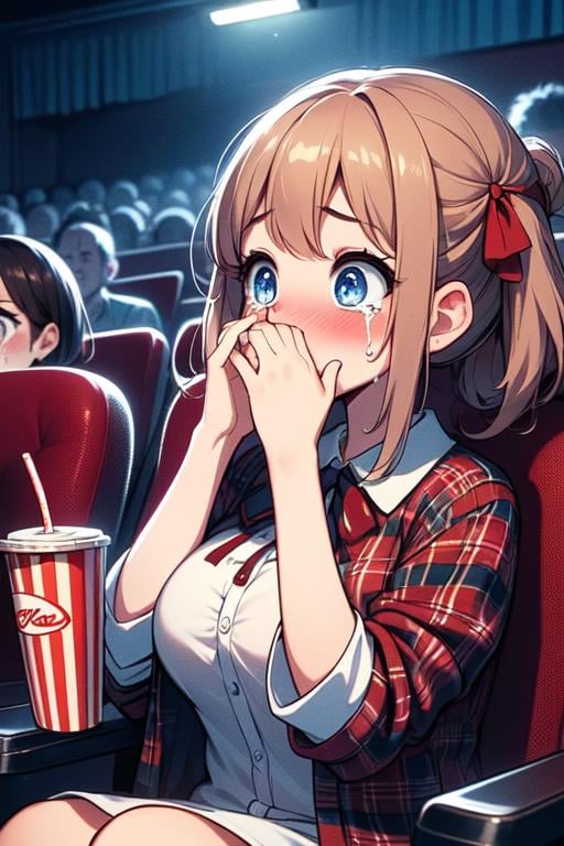 (((masterpiece))), (((best quality))), (((side face))), (((horror movie))), (((crowd))), ((hands on own face)), ((cinema seating)), ((scared)), ((crying with eyes open)), popcorn, cocacola, disposable cup, plaid jacket, stairs, night, open mouth, 1girl, big tits, ribbon, sweat, shy, blush, slim figure, <lora:girllikehorrormovie:0.8>