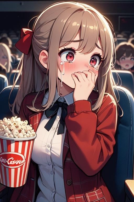 (((masterpiece))), (((best quality))), (((side face))), (((horror movie))), (((crowd))), ((hands on own face)), ((cinema seating)), ((scared)), ((crying with eyes open)), popcorn, cocacola, disposable cup, plaid jacket, stairs, night, open mouth, 1girl, big tits, ribbon, sweat, shy, blush, slim figure, <lora:girllikehorrormovie:0.8>