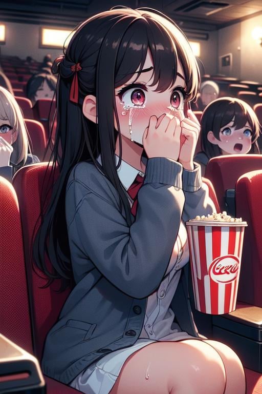 (((masterpiece))), (((best quality))), (((side face))), (((horror movie))), (((crowd))), ((hands on own face)), ((cinema seating)), ((scared)), ((crying with eyes open)), popcorn, cocacola, disposable cup, plaid jacket, stairs, night, open mouth, 1girl, big tits, ribbon, sweat, shy, blush, slim figure, <lora:girllikehorrormovie:0.8>