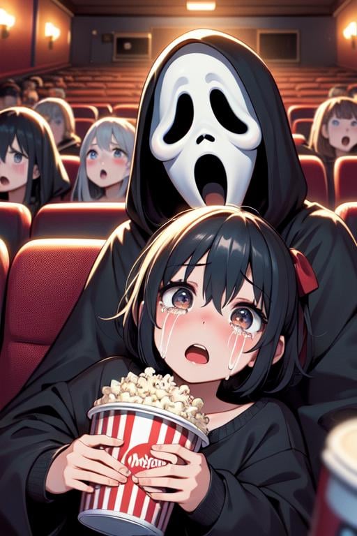 (((masterpiece))), (((best quality))), (((scream movie))), (((huge ghostface))), (((side face))). (((crowd))), ((2girls snuggle up)), ((cinema seating)), ((scared)), ((crying with eyes open)), ((off-the-shoulder sweater)), hands on own face, cocacola, disposable cup, popcorn, stairs, night, open mouth, 1girl, big tits, gray short hair, ribbon, sweat, shy, blush, slim figure, <lora:girllikescreammovie:0.8>