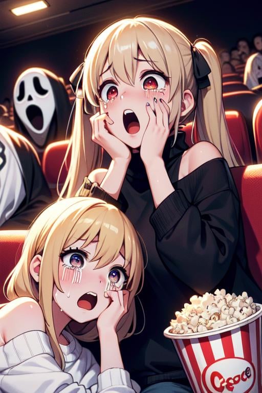 (((masterpiece))), (((best quality))), (((scream movie))),  (((huge ghostface))), (((crowd))), (((big screen))), (((side face))), ((hand on own face)), ((2girls snuggle up)), ((cinema seating)), ((scared)), ((crying with eyes open)), ((off-the-shoulder sweater)), cocacola, disposable cup, popcorn, stairs, night, open mouth, 1girl, big tits, blonde twintails, ribbon, sweat, shy, blush, slim figure, <lora:girllikescreammovie:0.8>