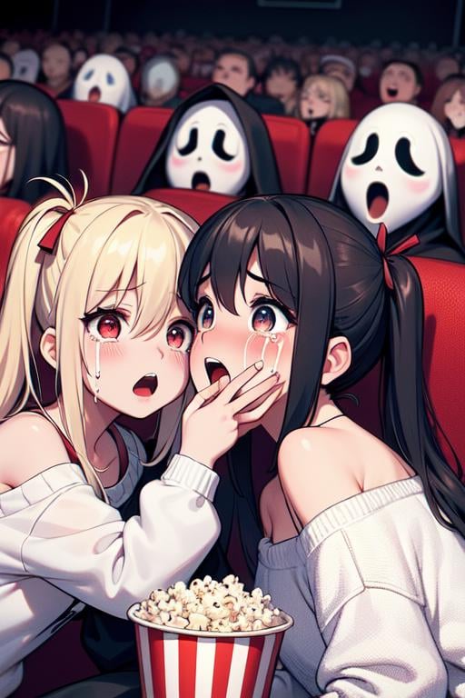 (((masterpiece))), (((best quality))), (((side face))), (((scream movie))), (((huge ghostface))), (((crowd))), ((hand on own face)), ((2girls snuggle up)), ((cinema seating)), ((scared)), ((crying with eyes open)), ((off-the-shoulder sweater)), cocacola, disposable cup, popcorn, stairs, night, open mouth, 1girl, big tits, blonde twintails, ribbon, sweat, shy, blush, slim figure, <lora:girllikescreammovie:0.8>