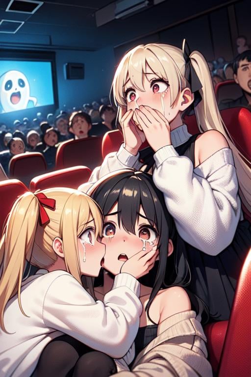 (((masterpiece))), (((best quality))), (((scream movie))), (((big screen))), (((side face))),  (((huge ghostface))), (((crowd))), ((hand on own face)), ((2girls snuggle up)), ((cinema seating)), ((scared)), ((crying with eyes open)), ((off-the-shoulder sweater)), cocacola, disposable cup, popcorn, stairs, night, open mouth, 1girl, big tits, blonde twintails, ribbon, sweat, shy, blush, slim figure, <lora:girllikescreammovie:0.8>